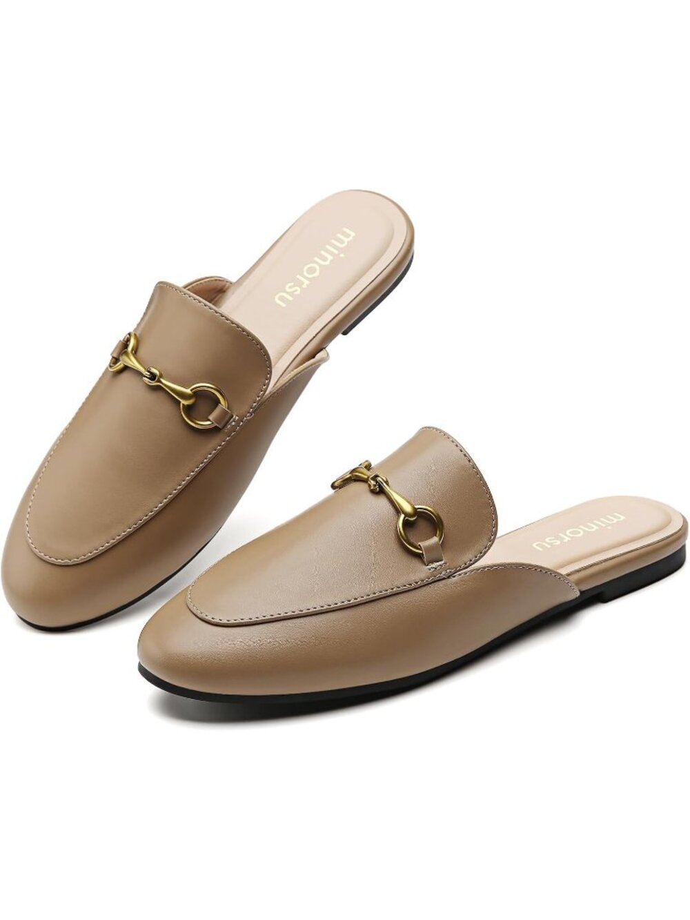 Women's Camel Slip on Round Toe Backless Slides Casual Buckle Flat Loafers Shoes